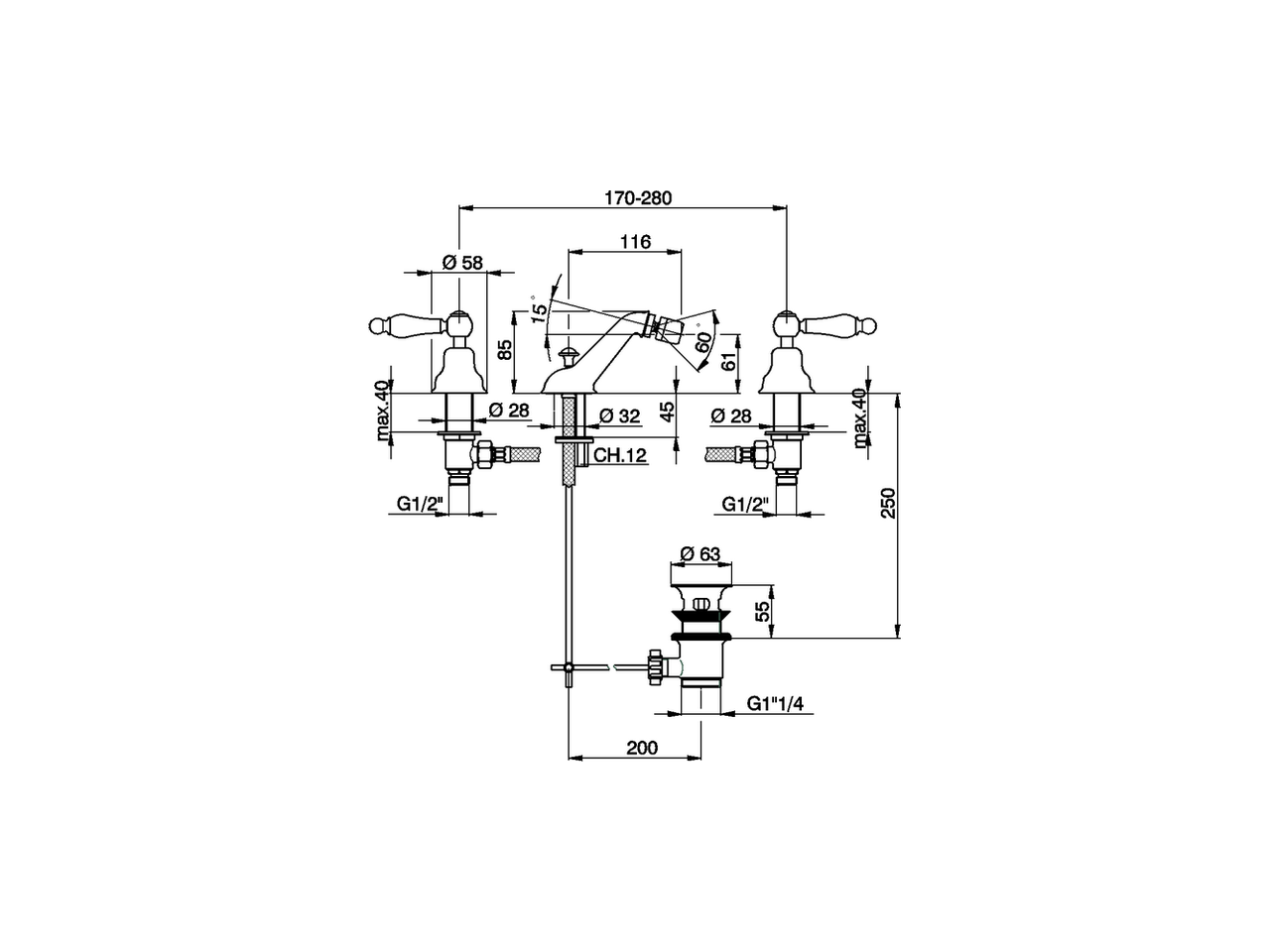 Miscelatore bidet 3 fori ARCANA TOSCANA_TS001220 - v1